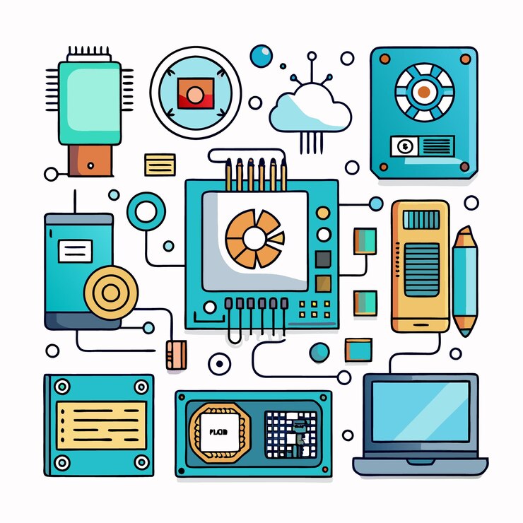 Vector conjunto de símbolos de diferentes componentes de la computadora