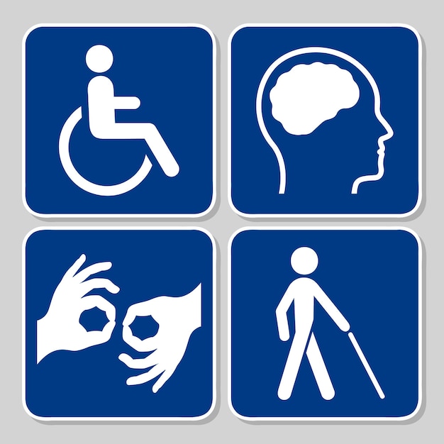 conjunto de símbolos de discapacidad desactivados signos azules y blancos elementos vectoriales