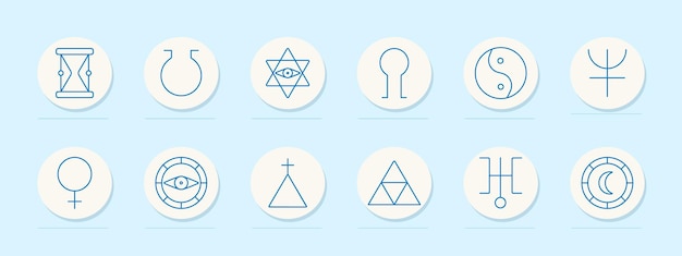 conjunto de símbolos e iconografía Varios símbolos, incluyendo reloj de arena, estrella, ojo y cruz para el tiempo, religión, espiritualidad y temas esotéricos