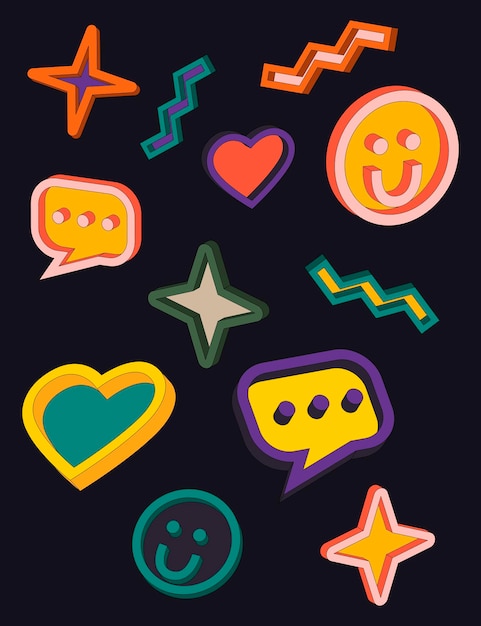 Conjunto de símbolos e iconos brillantes en el estilo del arte pop Burbuja de corazón de sonrisa Colores brillantes Estilo moderno de moda Vector aislado ilustración plana editable