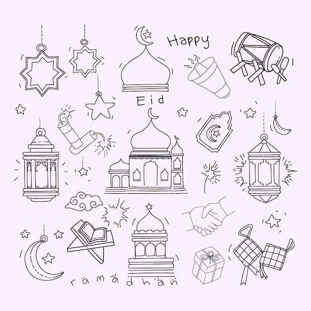 Vector conjunto de símbolos e iconos para el santo ramadán dibujo de líneas dibujadas a mano ilustración vectorial