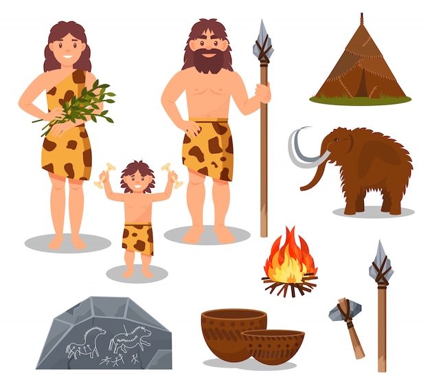 Vector conjunto de símbolos de la edad de piedra, gente primitiva, mamut, arma, casa prehistórica ilustraciones sobre un fondo blanco