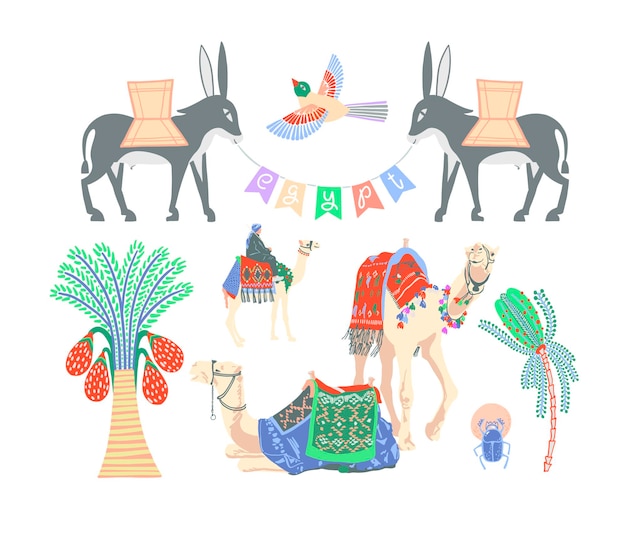 Conjunto de símbolos egipcios camellos palmas burros y escarabajos