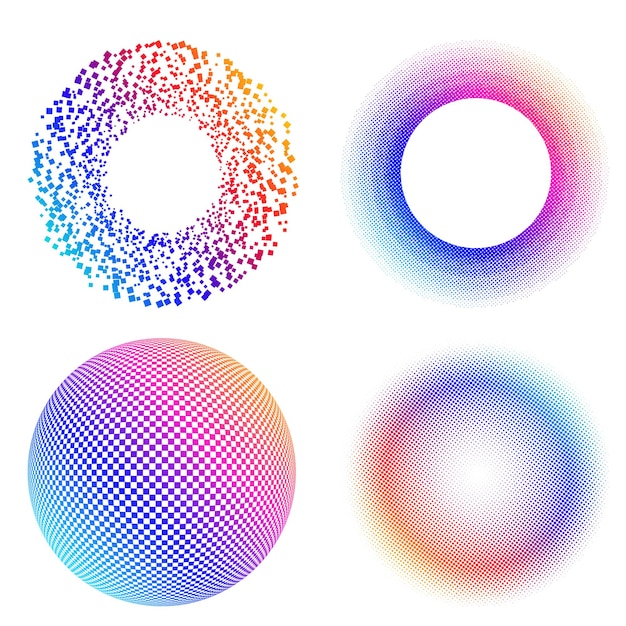 Conjunto de símbolos de elementos de diseño Patrón de círculo de punto de marco de semitono editable sobre fondo blanco Marco de ilustración vectorial eps 10 con puntos negros aleatorios Icono de borde redondo usando texto de puntos de círculo de semitono
