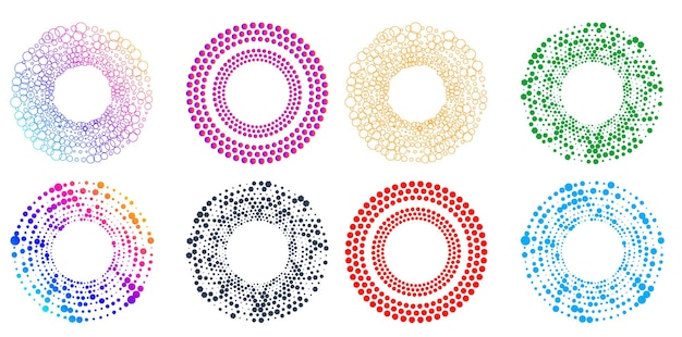Conjunto de símbolos de elementos de diseño Patrón de círculo de punto de marco de semitono editable sobre fondo blanco Marco de ilustración vectorial eps 10 con puntos negros aleatorios Icono de borde redondo usando texto de puntos de círculo de semitono