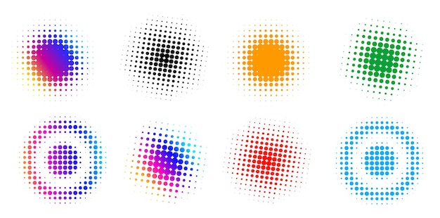 Conjunto de símbolos de elementos de diseño Patrón de círculo de punto de marco de semitono editable sobre fondo blanco Marco de ilustración vectorial eps 10 con puntos negros aleatorios Icono de borde redondo usando texto de puntos de círculo de semitono