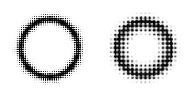 Vector conjunto de símbolos de elementos de diseño patrón de círculo de punto de marco de semitono editable sobre fondo blanco marco de ilustración vectorial eps 10 con puntos negros aleatorios icono de borde redondo usando texto de puntos de círculo de semitono