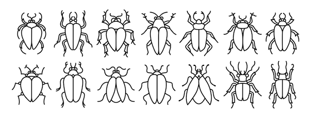 Conjunto de símbolos de escarabajos arte sencillo caprichoso insectos diferentes signos de fantasía insectos icono estilizado vector