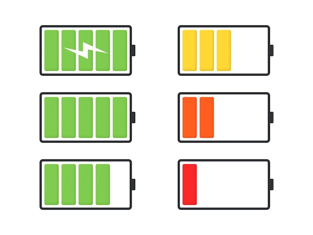 Vector conjunto de símbolos de estado de carga de batería de teléfono 3d