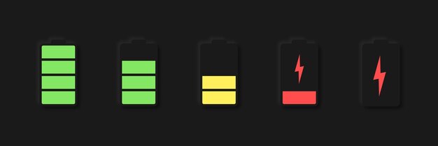 Conjunto de símbolos de estado de carga de batería de teléfono de neumorfismo oscuro