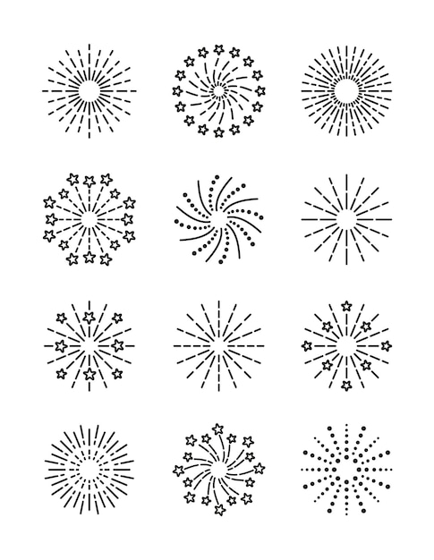 Conjunto de símbolos de explosiones de destellos de línea Estallido de estrellas y chispas Fuegos artificiales Feliz año nuevo icono brillante