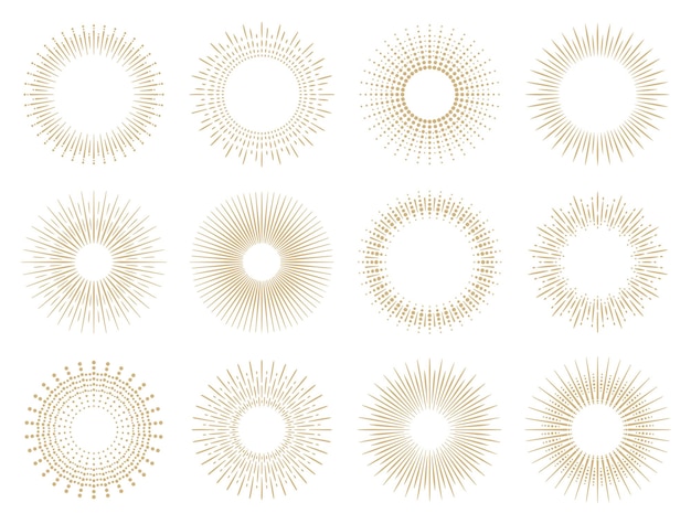 Conjunto de símbolos geométricos de explosiones solares y fuegos artificiales Elementos de diseño redondos vectoriales