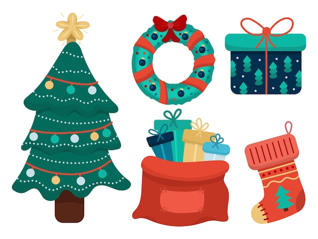 Conjunto de símbolos de ilustración de Año Nuevo Bolsa de regalo de corona de árbol decorado de Navidad en plano simple