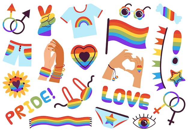 Conjunto de símbolos lgbtq signos del desfile gay de la comunidad social insignias de celebración del orgullo amor aislado elementos románticos del arco iris conjunto de vectores decentes