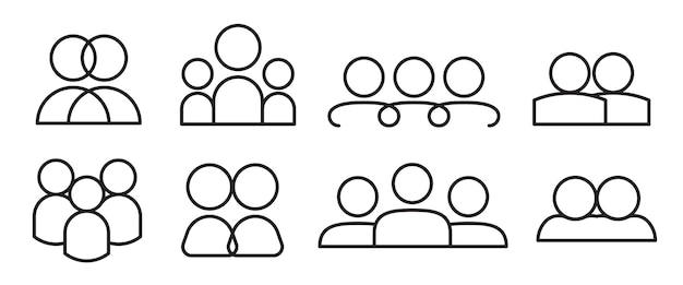 Conjunto de símbolos lineales de personas Colección de signos vectoriales de equipos y grupos de negocios
