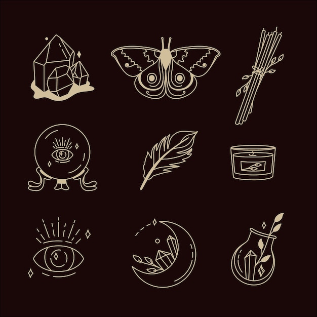 Conjunto de símbolos mágicos de garabatos esotéricos boho místicos elementos dibujados a mano cristales de piedra en oro
