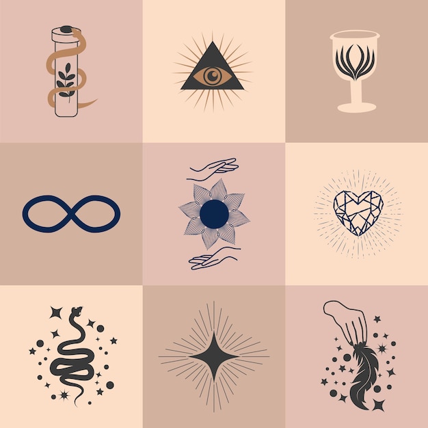 Conjunto de símbolos mágicos patrón celestial sin costuras símbolos mágicos y esotéricos astrológicos