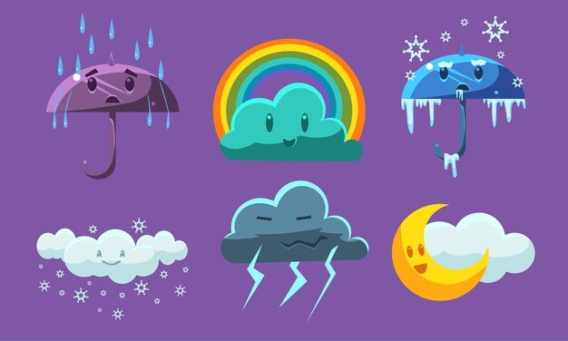 Conjunto de símbolos meteorológicos Pronóstico meteorológico Señales infantiles Ilustración vectorial en fondo púrpura