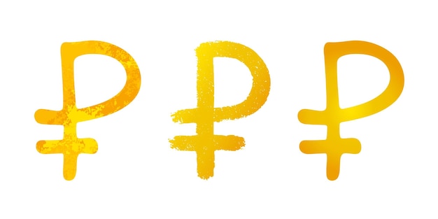 Conjunto de símbolos monetarios de oro del rublo ruso dibujados a mano dibujo de pincel Elemento único para el diseño