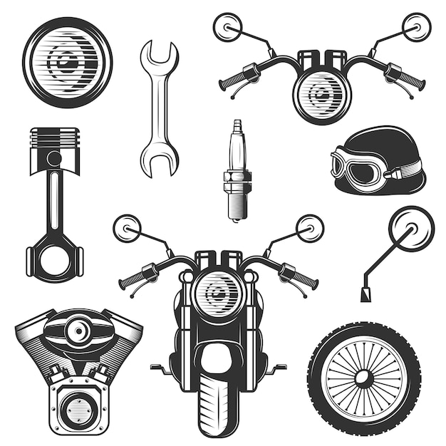 Vector conjunto de símbolos de motocicletas vintage, iconos aislados