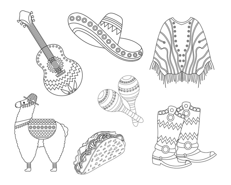 Vector conjunto de símbolos nacionales de méxico sombrero guitarra maracas botas de vaquero taco ilustración