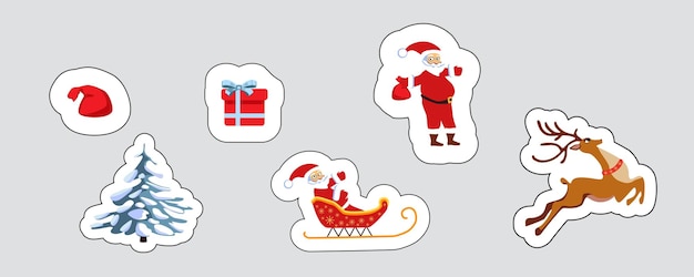 Conjunto de símbolos de Navidad Santa ciervo árbol de Navidad Santa Claus agita sus manos en un trineo con un ciervo y un árbol de Navidad en la nieve Ilustración vectorial