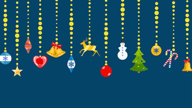 Conjunto de símbolos navideños en estilo plano colgando de cuerdas de bolas