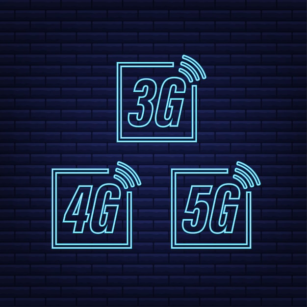 Conjunto de símbolos de neón 5g 4g 3g aislado en la tecnología de comunicación móvil de fondo