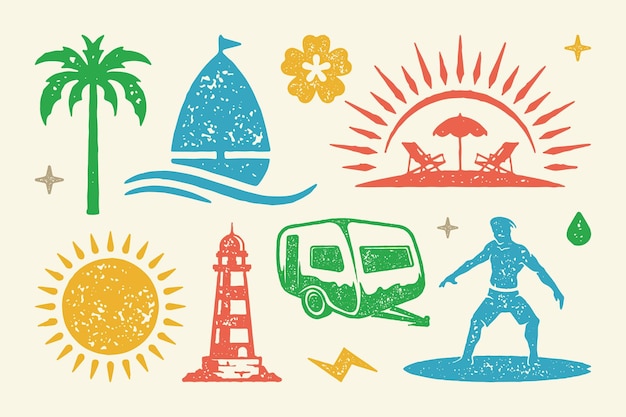 Conjunto de símbolos y objetos de verano ilustración vectorial faro costero con remolque de camping