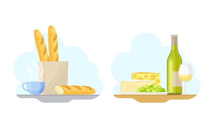 Vector conjunto de símbolos de parís botella de vino baguettem queso ilustración vectorial de comida francesa tradicional