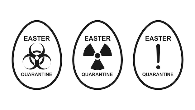 Conjunto de símbolos de peligro en forma de huevos. Cuarentena de Pascua debido al brote global. estilo plano.