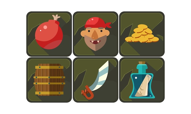 Conjunto de símbolos piratas Bomba filibustera monedas de oro botella de espada de barril de madera con mensaje de desplazamiento Elementos gráficos para juegos móviles Ilustraciones de estilo de dibujos animados Diseño de vectores planos aislados