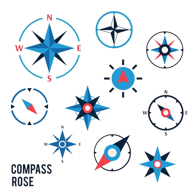 Conjunto de símbolos planos vectoriales de brújula rosa de los vientos