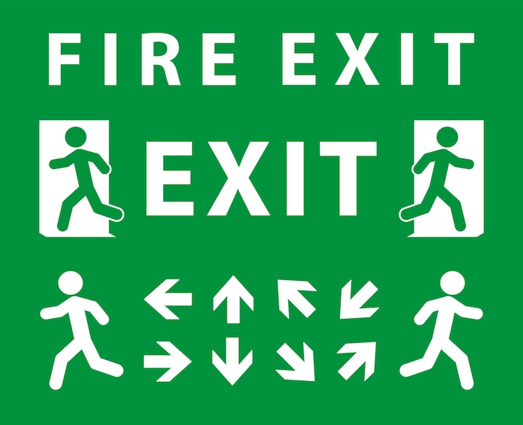 Vector conjunto de símbolos de señales de salida de emergencia colección de símbolos de señal de salida de seguridad contra incendios colección de logotipos running man y exit doo