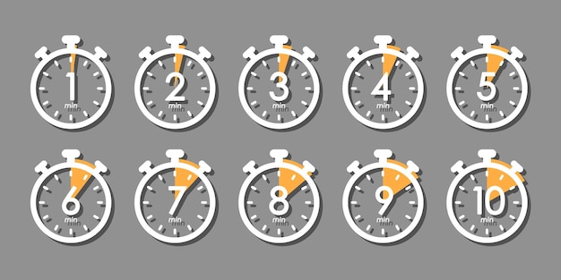 Conjunto de símbolos de temporizador de 1 a 10 minutos símbolo de cronómetro conjunto de iconos de vector blanco y naranja