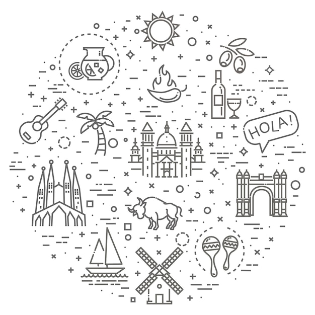 Conjunto de símbolos tradicionales de España Elemento de vector de viaje