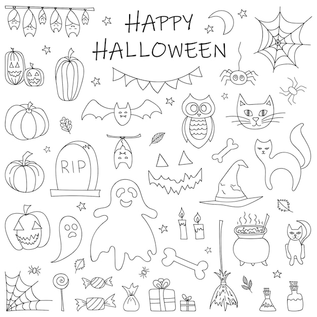 El conjunto de símbolos tradicionales de Halloween Ilustración al estilo de Doodle Ilustración vectorial