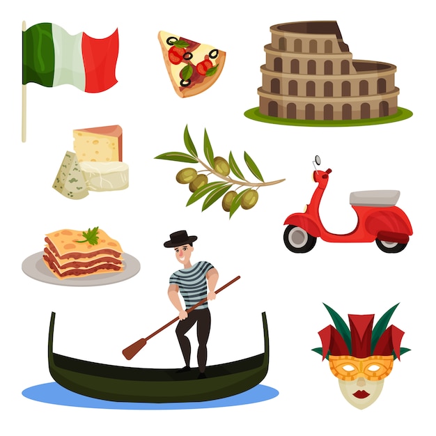 Conjunto de símbolos tradicionales de italia. ilustración.