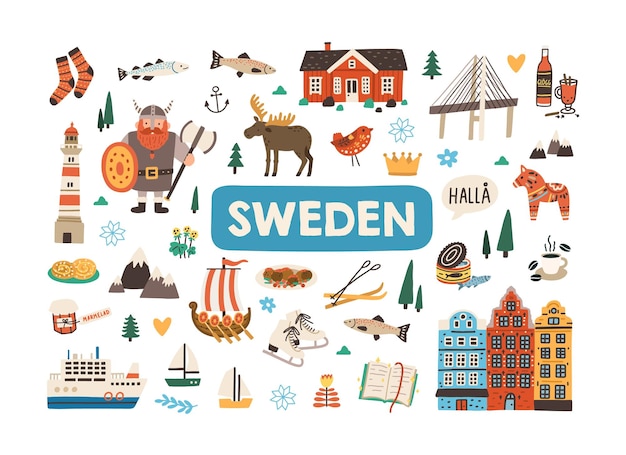 Conjunto de símbolos tradicionales de Suecia y Estocolmo aislado sobre fondo blanco. Paquete de animales suecos, arquitectura escandinava, comida, vikingo, pescado y barco. Ilustración de vector plano coloreado.