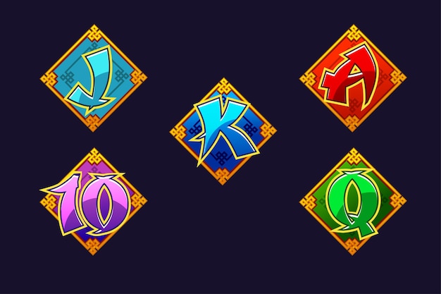 Conjunto de símbolos de tragamonedas Ace Queen King 10 Jack Iconos de estilo chino para juegos 2D y casinos o tragamonedas