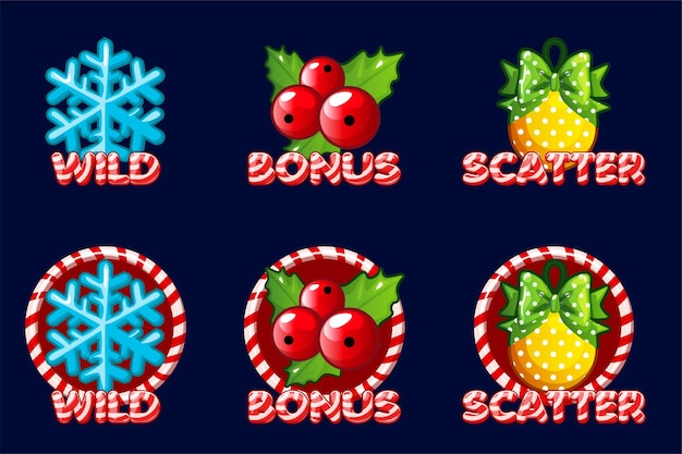 Conjunto de símbolos para las tragamonedas temáticas de Navidad Bono Wild y Scatter para su máquina tragamonedas Iconos de Año Nuevo bayas bol de Navidad y copo de nieve