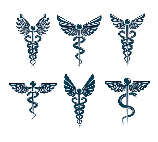 Conjunto de símbolos vectoriales de Caduceo creados usando alas de pájaros y serpientes. Ilustraciones temáticas de tratamiento médico y rehabilitación.