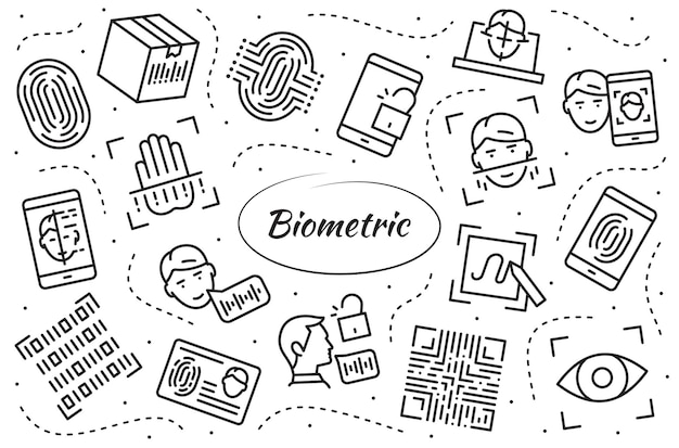 Conjunto de símbolos de verificación biométrica. Recolección de objetos lineales de tecnología de autenticación en teléfonos móviles, laptops y más.