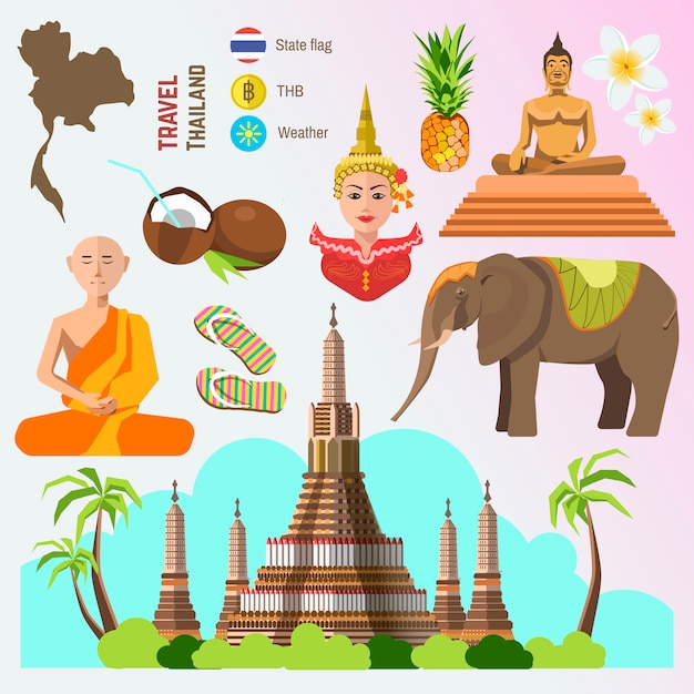 Vector conjunto de símbolos de viaje de tailandia.