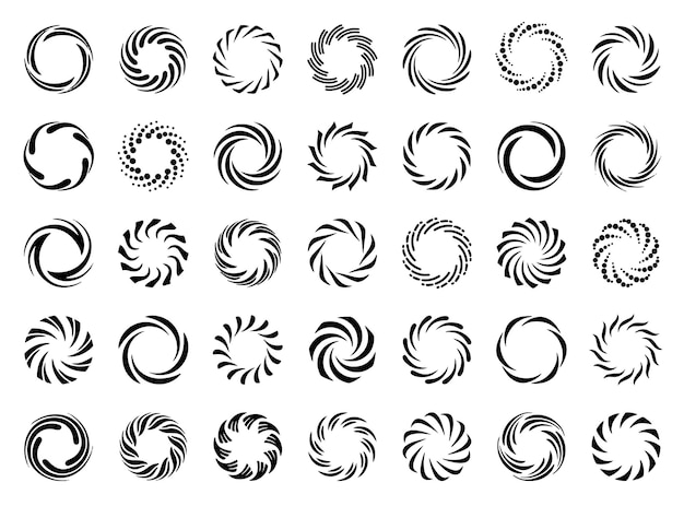 Conjunto de símbolos de vórtice y remolino Círculos giratorios Elementos de diseño vectorial aislados en el dorso blanco