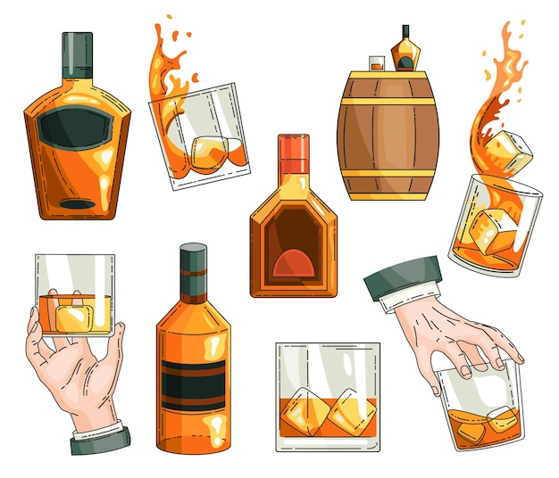 Vector conjunto de símbolos de whisky. botella de vidrio, mano de hombre sosteniendo un vaso de whisky con cubitos de hielo, colección de iconos de barril de alcohol de madera.