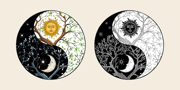 Conjunto de símbolos Yin Yang Árbol de la vida día y noche sol y luna unidad y opuesto