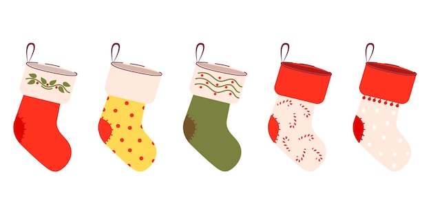 Un conjunto de simpáticas medias de Navidad para regalos una colección de invierno de calcetines rojos y verdes con árboles de Navidad copos de nieve dulces