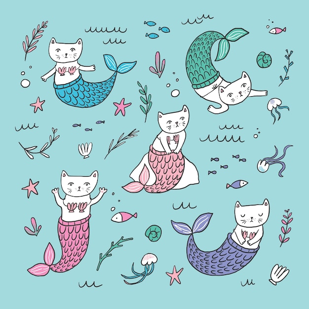 Conjunto de simpáticas sirenas gatitas dibujadas a mano y animales marinos Ilustración vectorial