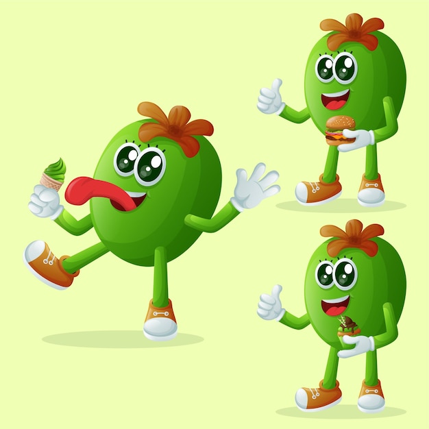 Conjunto de simpáticos personajes de Feijoa disfrutando de la comida Perfecto para niños mercancía y sticker promoción de banner o blog